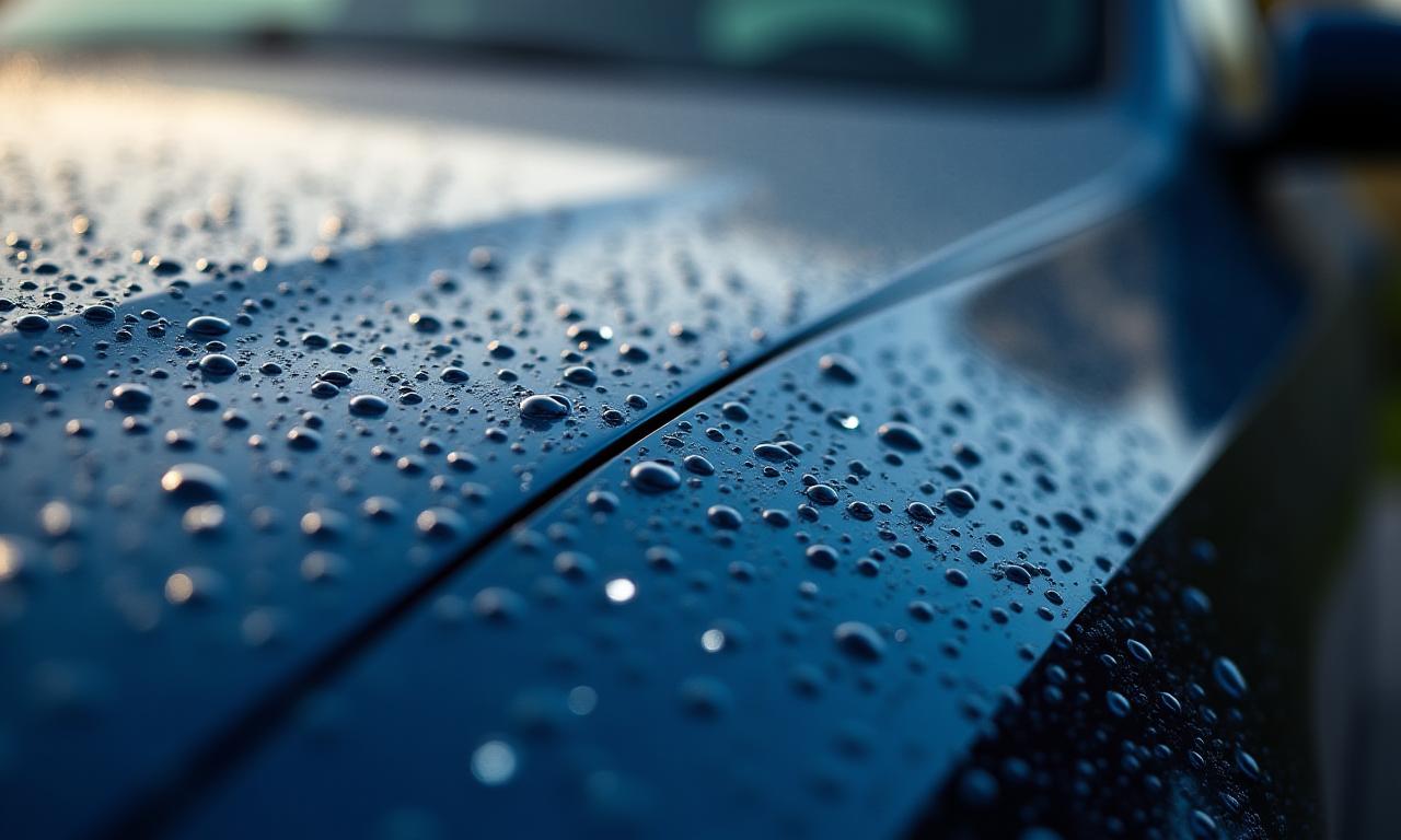 Vesipisaroita täydellisesti kiillotetulla auton pinnalla, todisteena ylivoimaisesta suojauksesta.